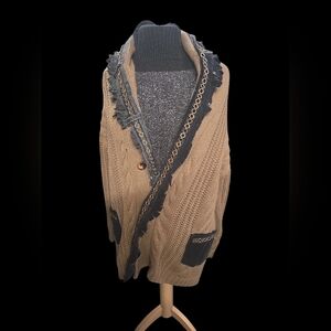 Tan and Black Knit Cardigan with Chain Detail